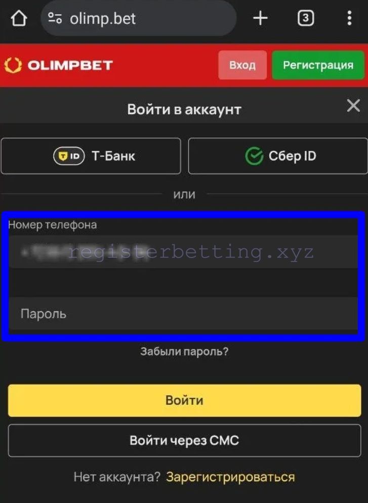 Форма авторизации в мобильном приложении Олимпбет