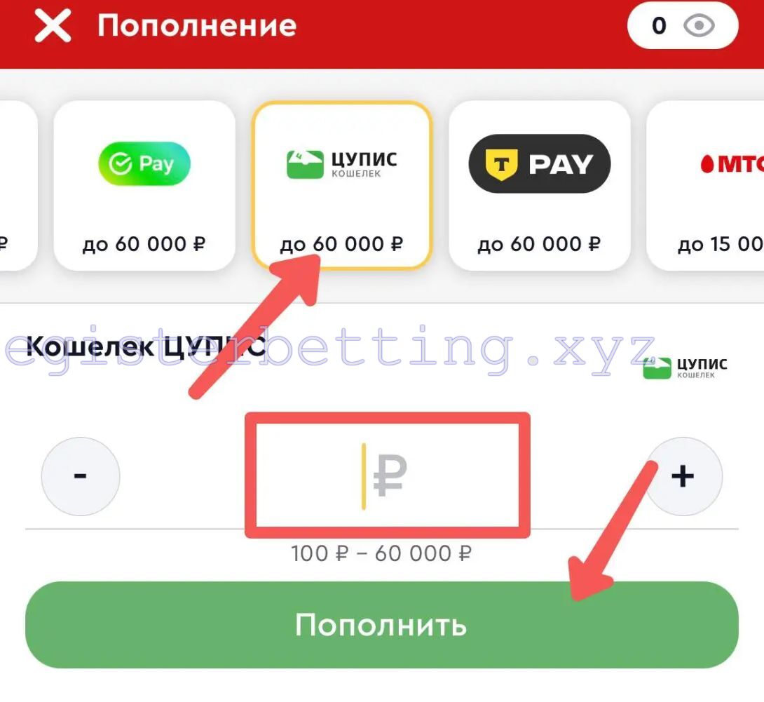 Пополнение через ЦУПИС Олимпбет 1
