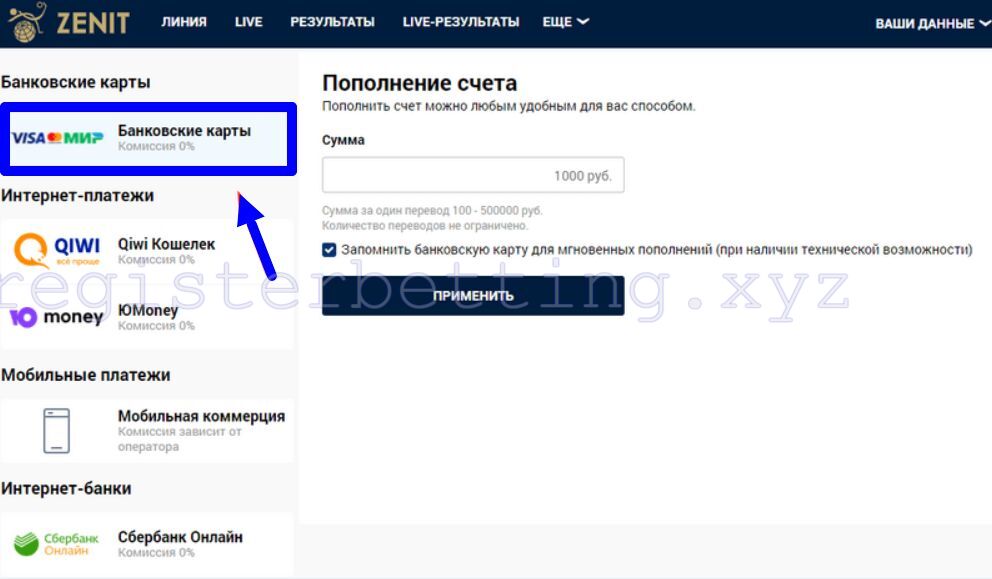 Пополнение счета банковской картой БК Зенит