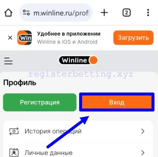 Кнопка входа в мобильном браузере Винлайн 2