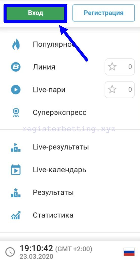 Кнопка входа в приложении Бетсити