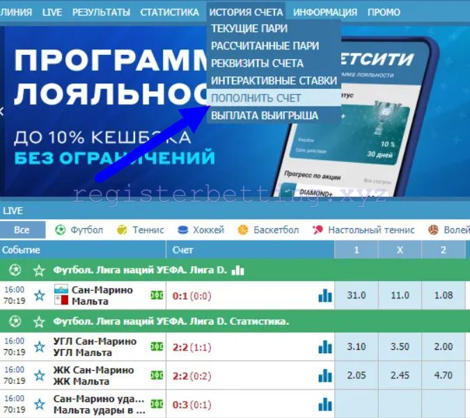 Пополнение счета Бетсити 1