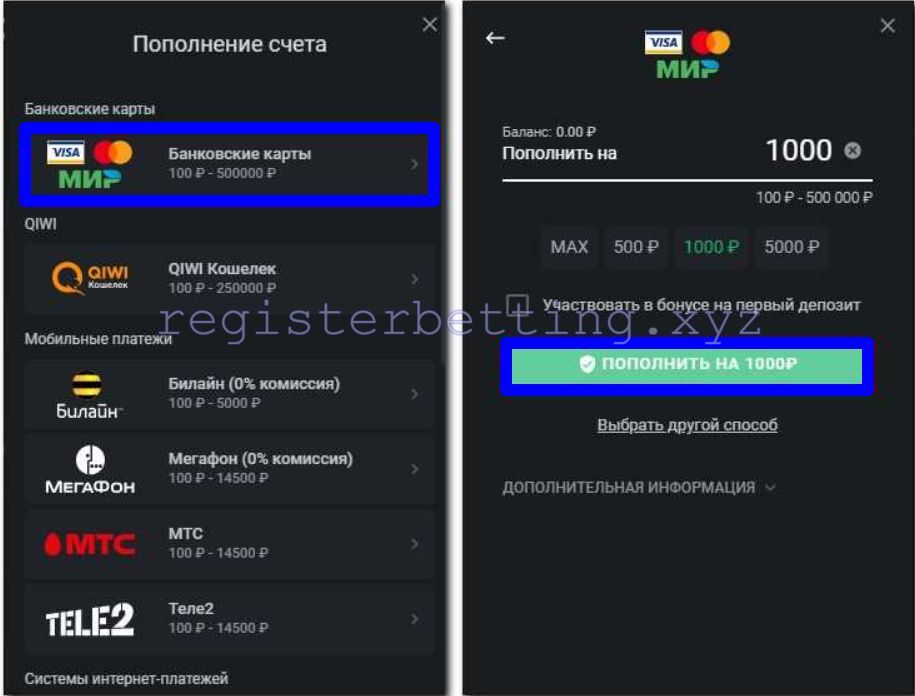 Пополнение банковской картой Леон